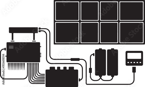 Black and white diagram of solar panel system with battery and inverter components