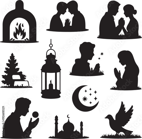 Black silhouettes of people and objects on white background