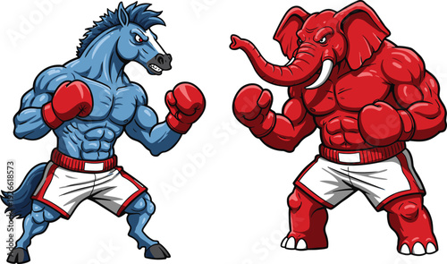 Horse vs elephant illustration, boxing mascot artwork, political rivalry concept, Democrat Republican symbol, fighting animal design, competitive cartoon figure, confrontation 
