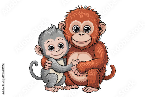 Two adorable orangutan monkeys embrace in a heartwarming illustration showcasing a strong bond and playful companionship high-quality professional detailed modern.