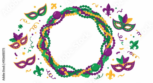Mardi Gras celebration frame with festive masks, beads, confetti, and fleur-de-lis symbols in purple, green, and gold.