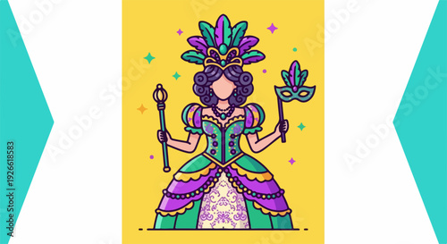 Elegant woman in a vibrant Mardi Gras costume and mask, holding a scepter and mask, ready for celebration