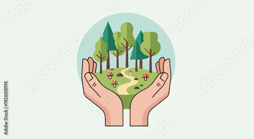 Hands carefully holding a lush green forest with trees and mushrooms, symbolizing nature conservation and environmental care