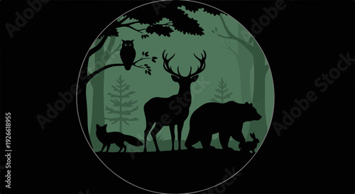 Silhouettes of woodland animals and trees in a dark, mystical forest at night, nature scene