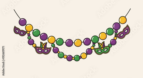 Festive Mardi Gras garland with beads and masquerade masks in purple, green, and gold colors