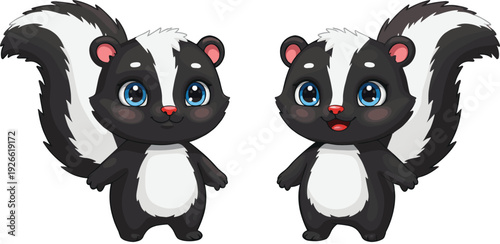 Cute cartoon skunk characters with big blue eyes, adorable expressions, fluffy tails, black and white fur, isolated on white background, vector illustration
