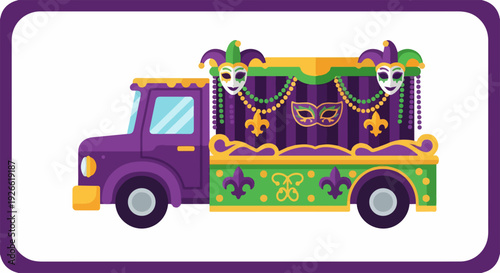 Vibrant Mardi Gras parade float truck decorated with masks and fleur-de-lis, festive celebration