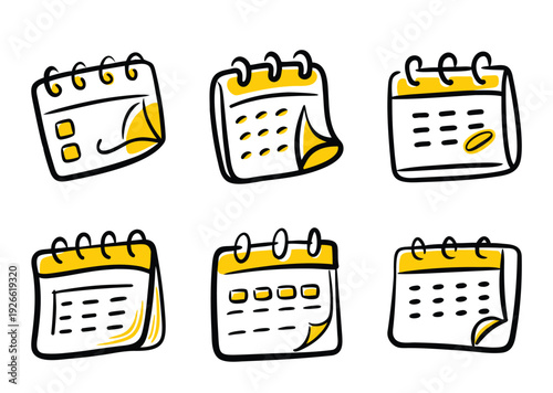 A group of six cute cartoon calendar icons with black and yellow accents