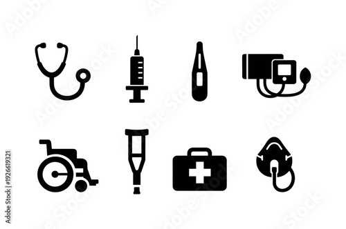 Medical equipment: stethoscope, syringe, thermometer, blood pressure monitor, wheelchair, crutch, first aid kit, oxygen mask