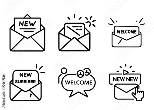 Black and white outline icons of new welcome and subscription concepts