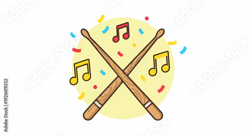 Drumsticks crossed with colorful confetti and musical notes, representing music and celebration, vector illustration