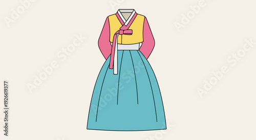 Traditional Korean Hanbok dress with vibrant pink, yellow, and teal colors, isolated illustration on a light background