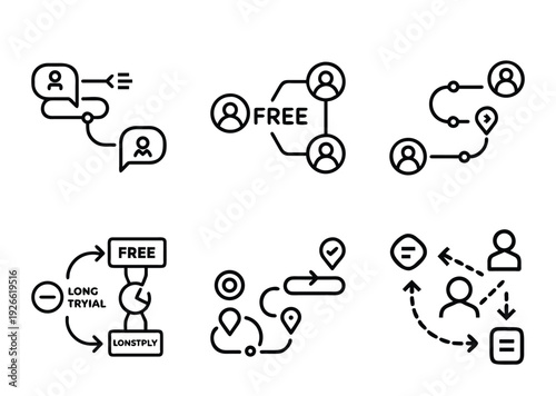Simple black and white icons conveying business and marketing concepts ideas