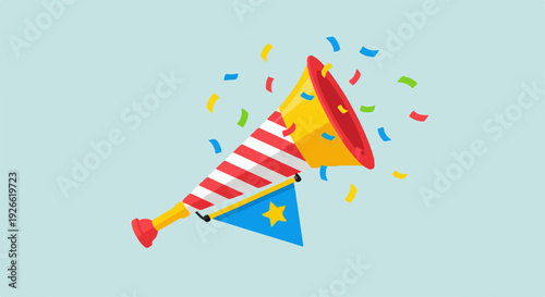 Party horn with colorful confetti and a small flag, celebrating festive occasions and holidays.