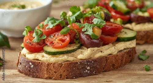 Multi grain bread layered with hummus and garden fresh mixed vegetables