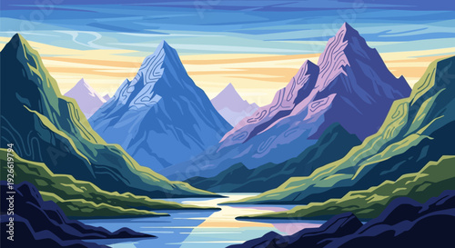 A Vivid and Stylized Landscape Depicting Majestic Mountains and a Tranquil Lake