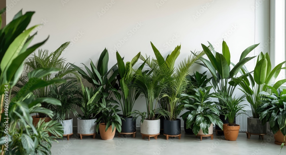 Fototapeta premium Natural themed office space with a variety of green potted plants and soft design