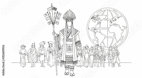 Line Art Illustration of People in Diverse Traditional Attire Gathered Around a Globe, Representing Global Community