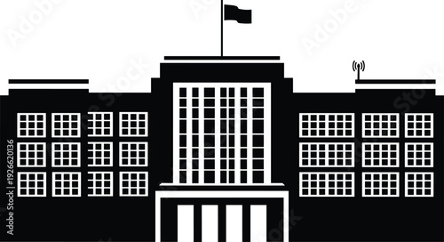 Modern government building silhouette, city architecture icon, educational institution structure, office building vector, municipal design, black and white illustration