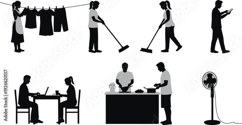 Household chores and daily routine, cleaning, cooking, reading, working from home, lifestyle silhouettes, teamwork, modern family life, indoor activities.