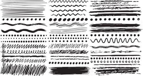 Hand drawn brush stroke lines and dots graphic design elements on white background