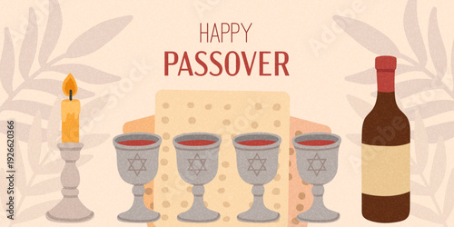Happy Passover greeting with candle, wine cups and matzah. Soft minimal illustration for Jewish holiday celebration, posters, invitations and social media posts