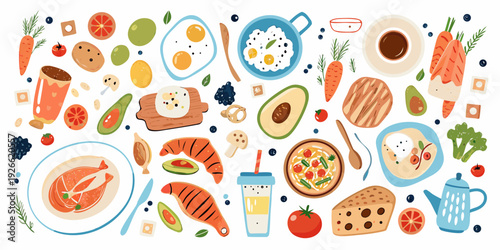 Colorful breakfast and brunch food illustration with various dishes