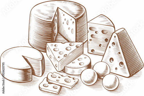 An assortment of various cheeses depicted in a vintage sketch style