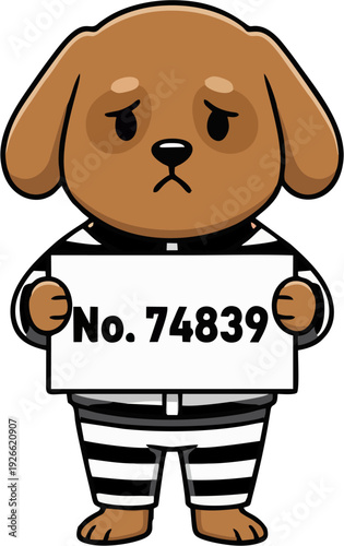 a dog wearing a prison uniform and carrying a prisoner number
