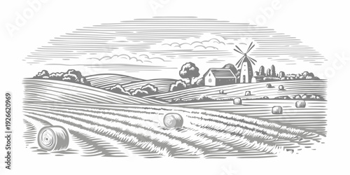 Vintage illustration of a peaceful countryside landscape with rolling hills