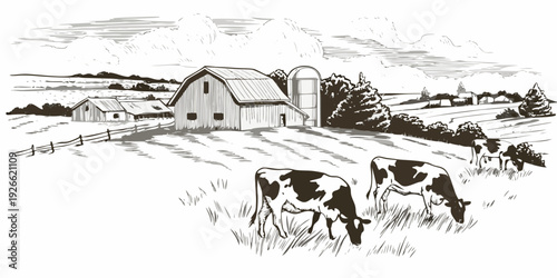 A vintage sketch depicts a rural farm scene with cows and buildings