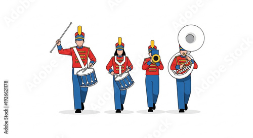 Marching Band Drum Major Leading Musicians Flat Vector Illustration Parade Performance Scene