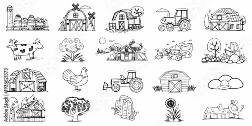 Hand drawn farm elements barns animals crops and rural landscape sketches