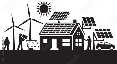 Black and white of people installing solar panels on house and car with wind turbines and sun