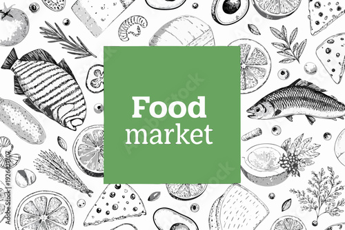 Vintage style food illustration with fish fruit and vegetable elements