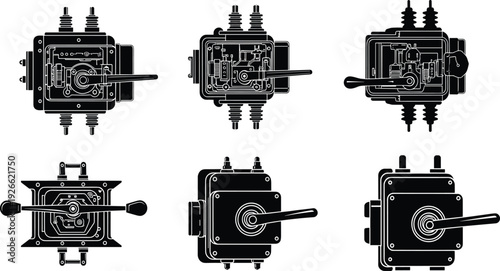 Set of industrial electrical switch silhouettes, high voltage power control box icons, circuit breaker lever symbols, energy infrastructure distribution equipment,