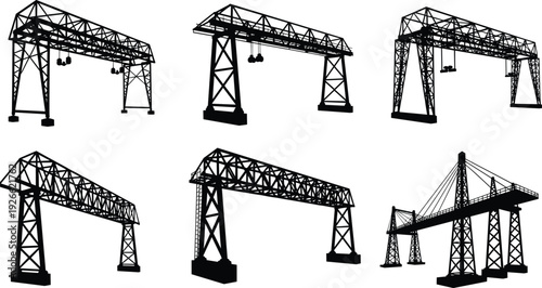 Set of Industrial Gantry Crane Silhouettes for Port Logistics, Shipping Containers, Construction Sites, Heavy Machinery Engineering, and Global Trade Transport Infrastructure