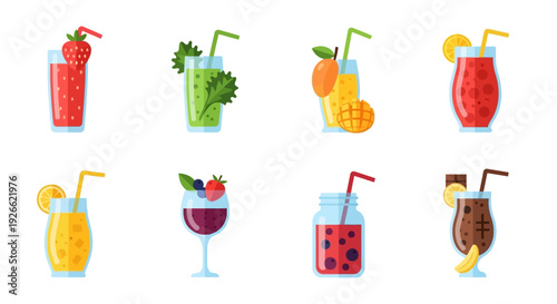 A collection of assorted refreshing fruit and vegetable smoothies in vibrant colors