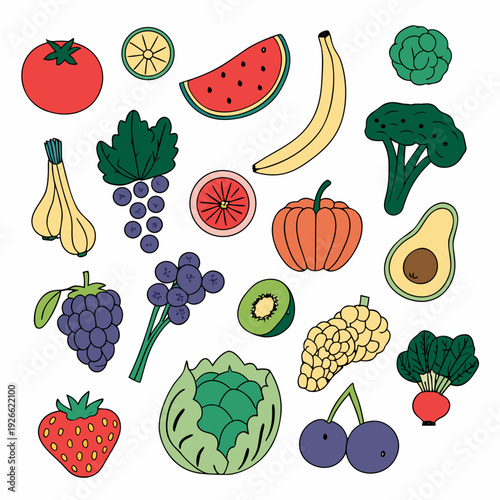 Colorful illustration of various fruits and vegetables arranged on a white background