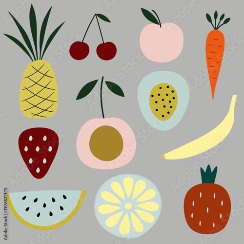 Colorful illustration of various fruits and vegetables arranged on gray