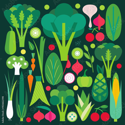 Colorful illustration of various fresh vegetables and produce arranged artfully