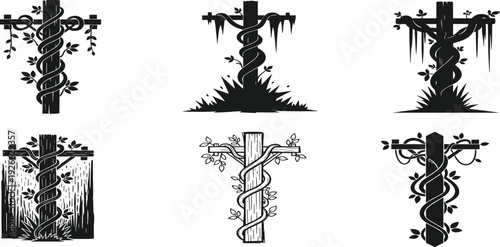 Set of industrial switchgear silhouettes, electrical power distribution components, mechanical circuit breaker parts, technical engineering hardware for high voltage system design