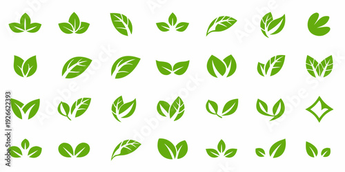 Collection of vibrant green leaf illustrations in various shapes and designs