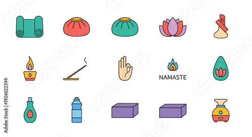 A collection of colorful yoga and wellness icons with minimalist design elements