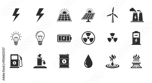 A collection of icons depicting energy sources, power, and environmental sustainability