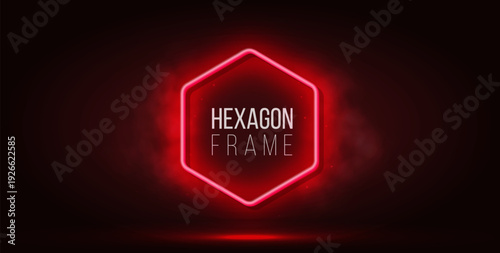 Neon red hexagon frame with smoke on dark background. Illuminated shape icon with vibrant light. Futuristic glowing background.