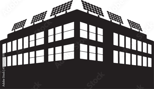 Black building with solar panels on roof white windows