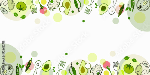 Colorful pattern featuring avocados vegetables and various food items