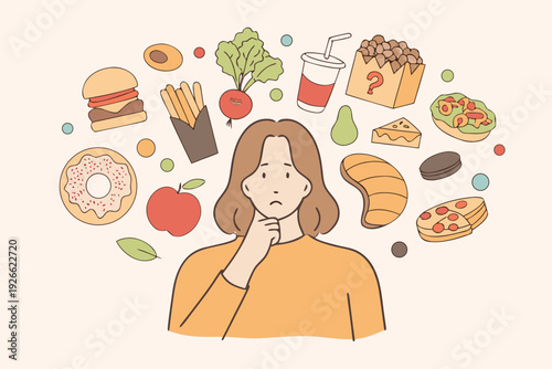 Woman contemplating various food choices surrounded by tempting treats