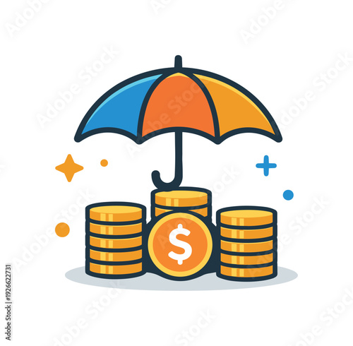 Personal emergency savings planning and financial preparedness for unexpected expenses, a simple umbrella icon placed above a small coin stack
